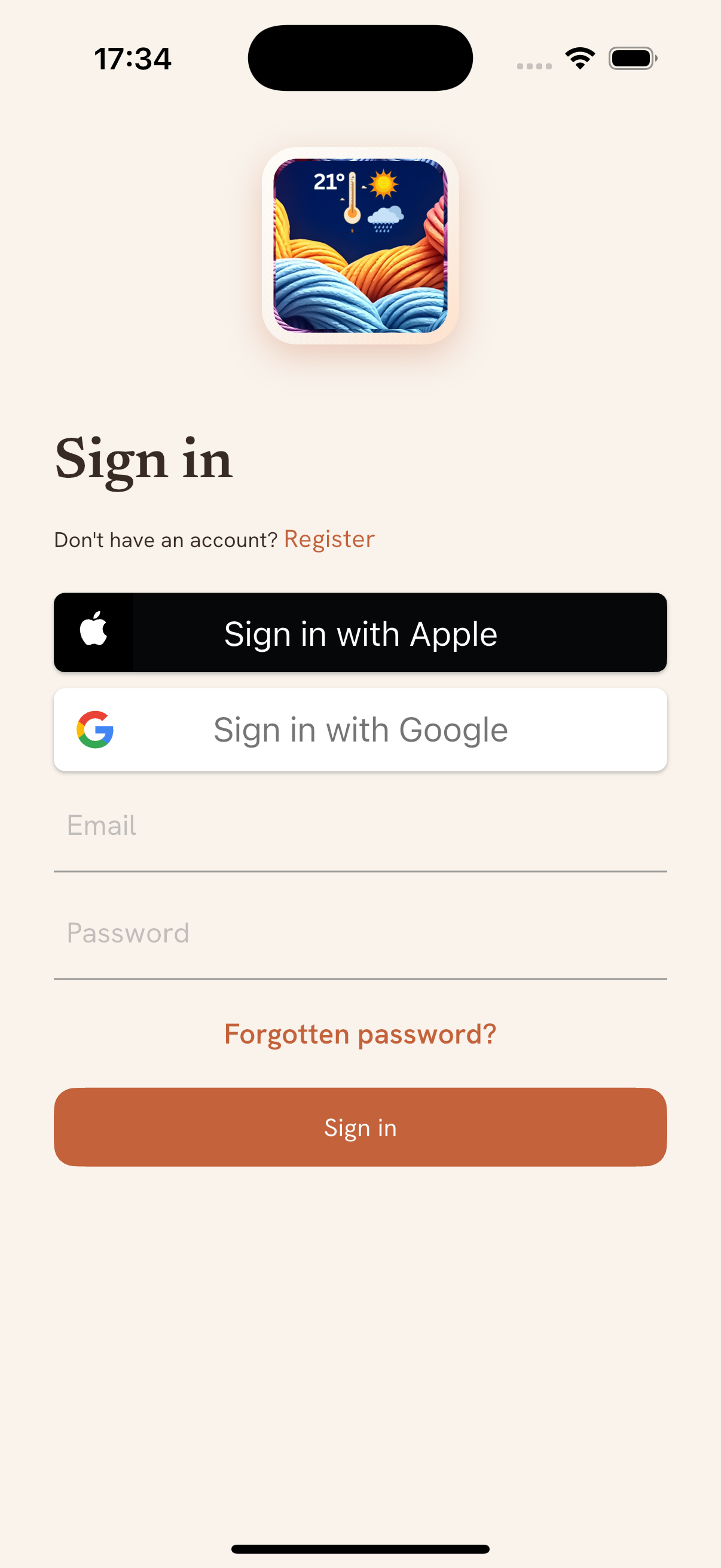 Weather Blanket sign-in screen